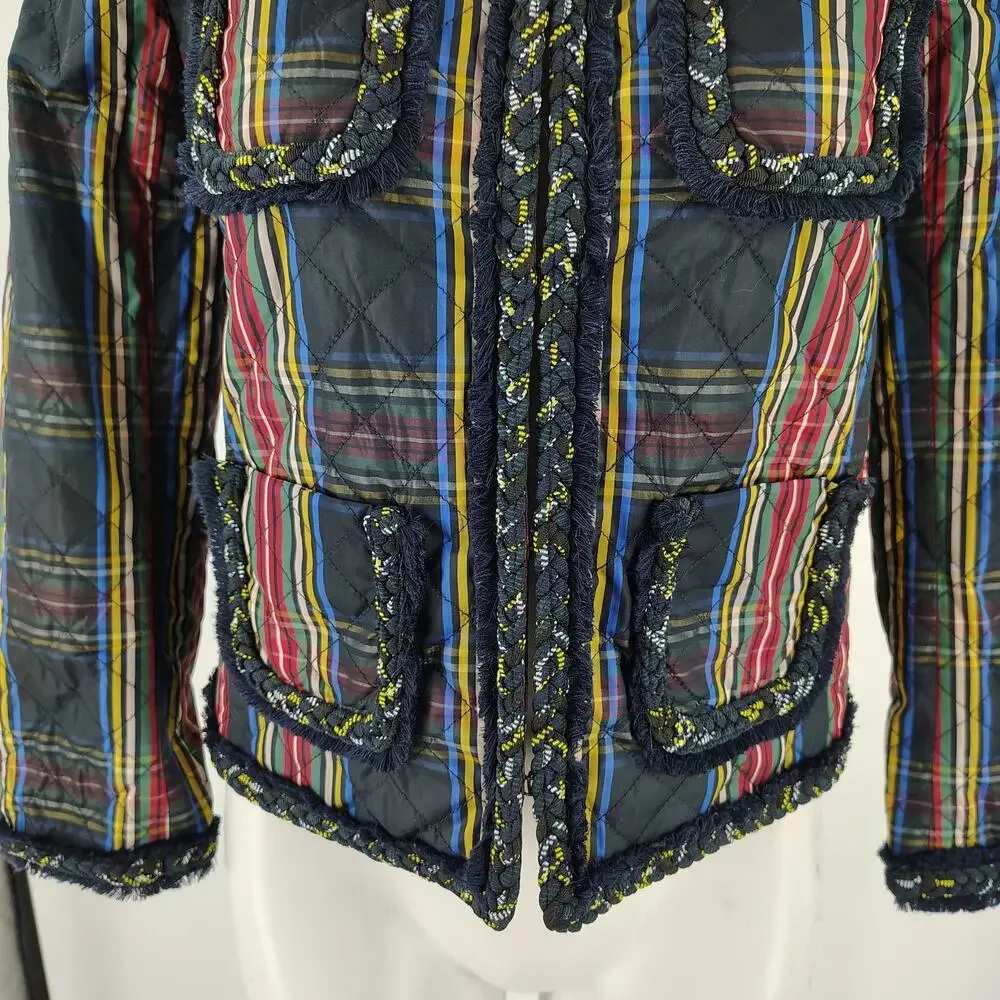 J.Crew Quilted Lady Jacket Stewart Plaid Braided Trim Collarless Size 2